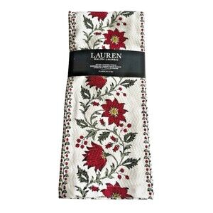 Ralph Lauren Christmas Kitchen Dish Towels Poinsettia Red 100% Cotton Set of 3